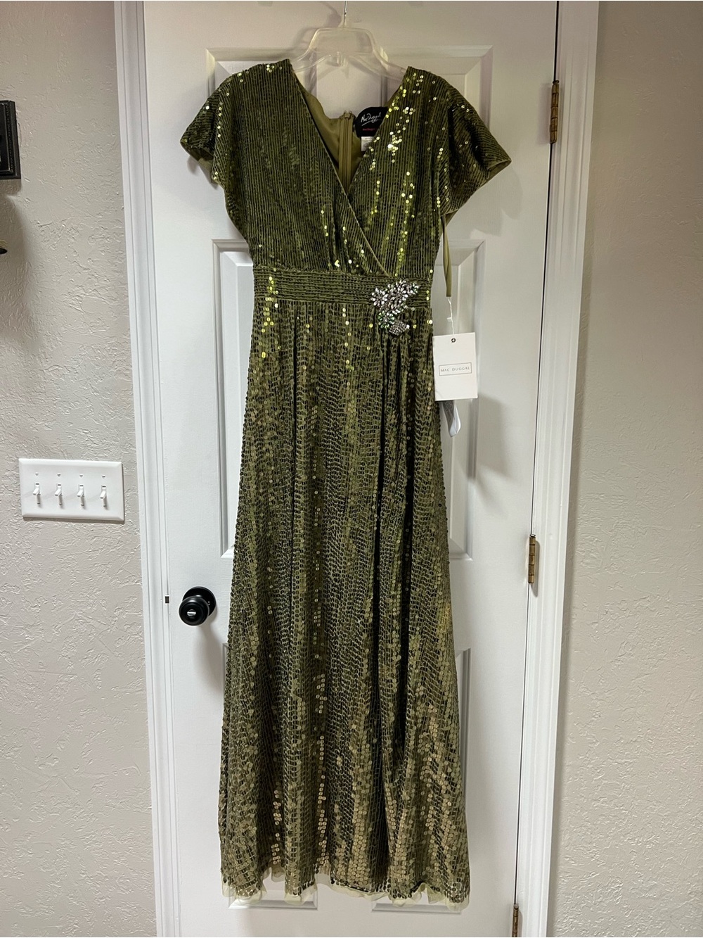 Mac Duggal Olive Green Sequin Wrap Maxi Gown with Brooch